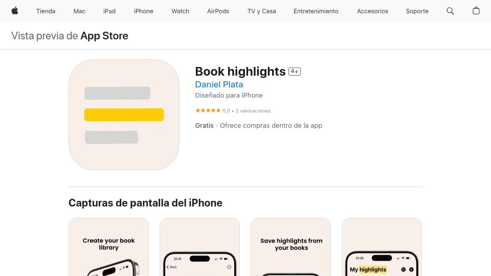 Screenshot of apps.apple.com: I built an app to organize Kindle highlights (and physical book quotes too)