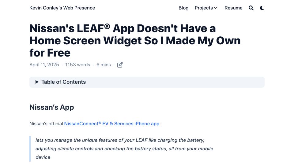 Screenshot of kevintechnology.com: Show HN: Nissan's Leaf app doesn't have a home screen widget so I made my own
