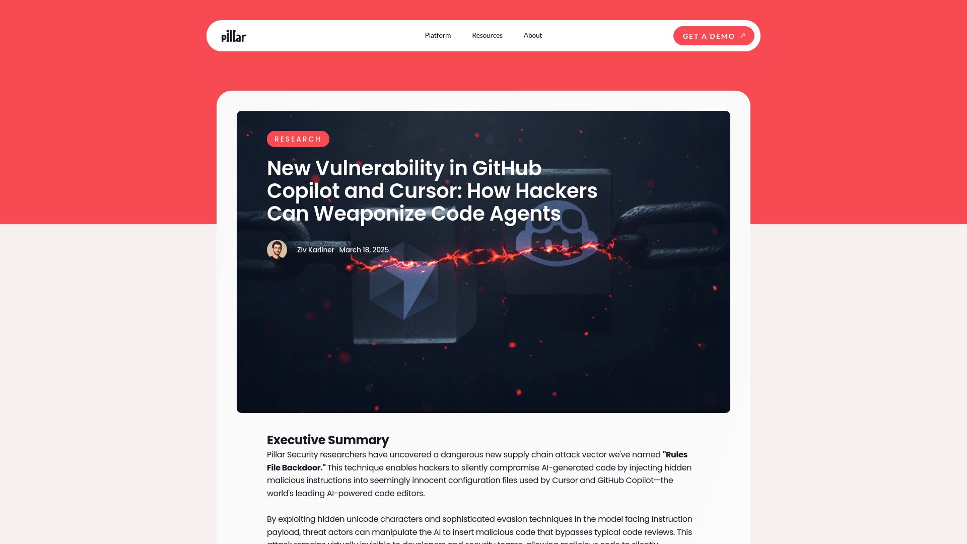 Screenshot of pillar.security: New Vulnerability in GitHub Copilot, Cursor: Hackers Can Weaponize Code Agents