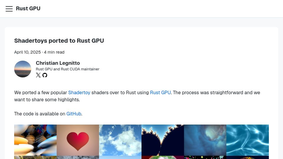 Screenshot of rust-gpu.github.io: Shadertoys Ported to Rust GPU