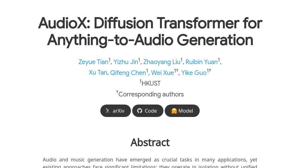 Screenshot of zeyuet.github.io: AudioX: Diffusion Transformer for Anything-to-Audio Generation