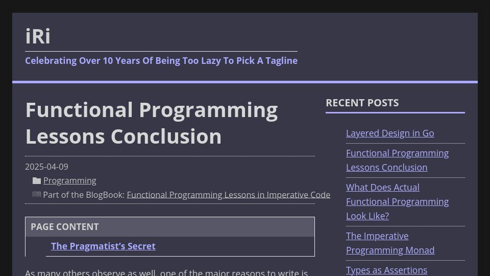 Screenshot of jerf.org: Functional Programming Lessons Conclusion