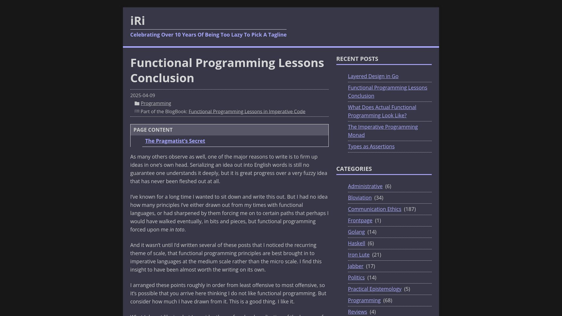 Screenshot of jerf.org: Functional Programming Lessons Conclusion