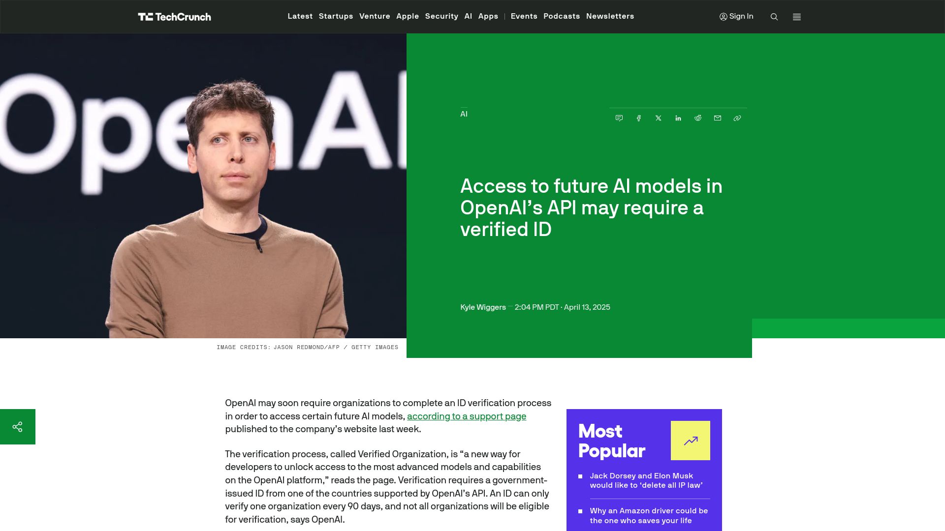 Screenshot of techcrunch.com: Access to future AI models in OpenAI's API may require a verified ID