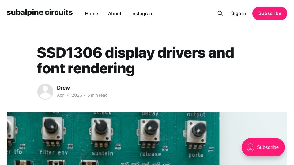 Screenshot of subalpinecircuits.com: SSD1306 display drivers and font rendering