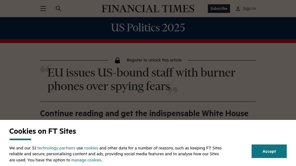 Screenshot of ft.com: EU issues US-bound staff with burner phones over spying fears