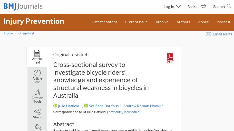 Screenshot of injuryprevention.bmj.com: Bicycle riders' knowledge and experience of structural weakness in bicycles