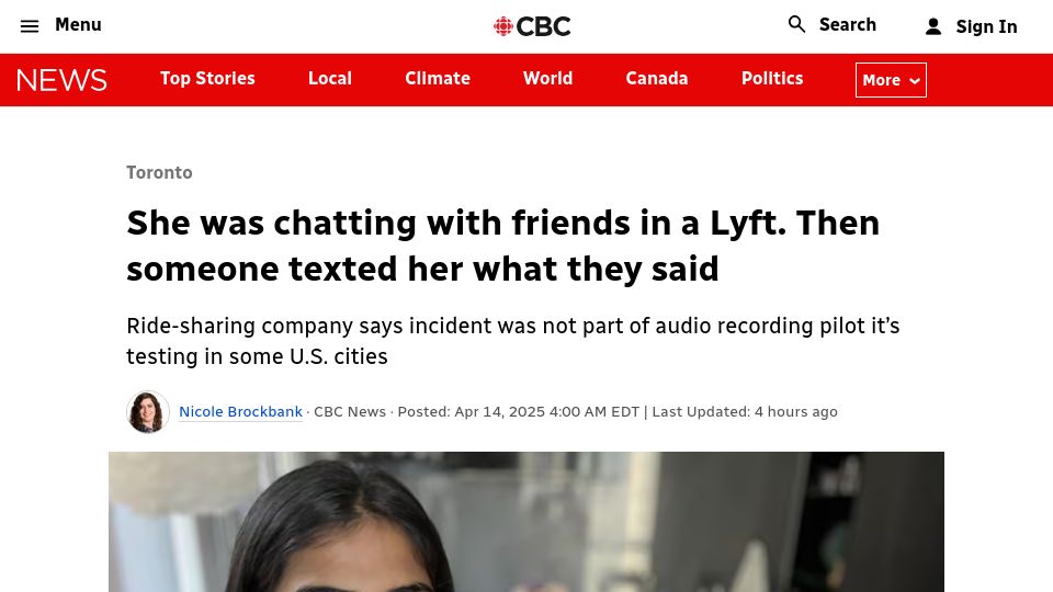 Screenshot of cbc.ca: She was chatting with friends in a Lyft. Then someone texted her what they said