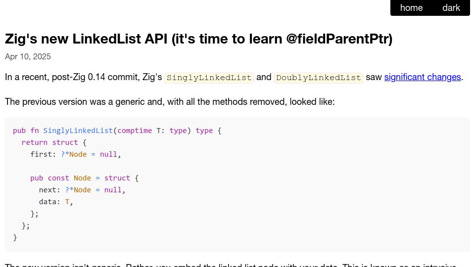 Screenshot of openmymind.net: Zig's new LinkedList API (it's time to learn fieldParentPtr)