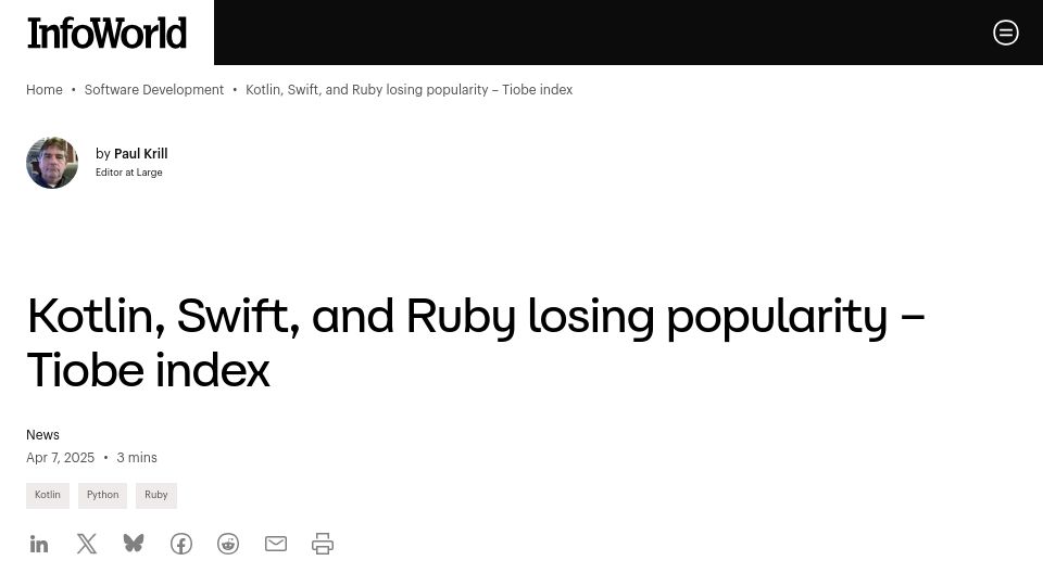 Screenshot of infoworld.com: Kotlin, Swift, and Ruby losing popularity