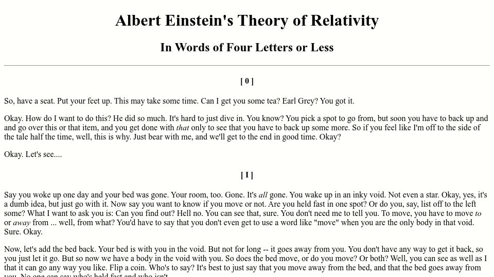 Screenshot of muppetlabs.com: Albert Einstein's theory of relativity in words of four letters or less (1999)