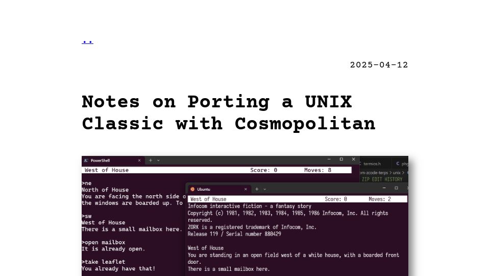 Screenshot of christopherdrum.github.io: Show HN: Resurrecting Infocom's Unix Z-Machine with Cosmopolitan