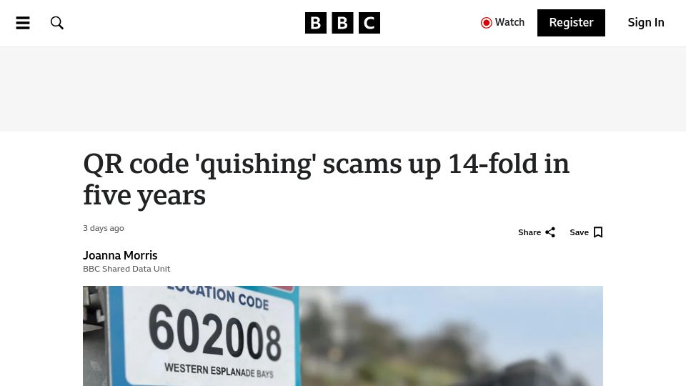 Screenshot of bbc.com: Organised gangs behind rise in QR 'quishing' scams