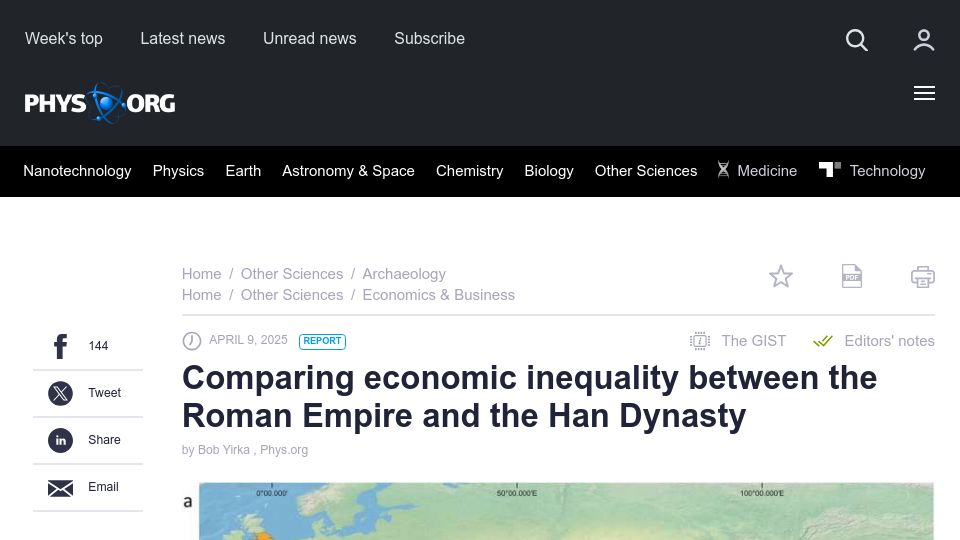 Screenshot of phys.org: Comparing economic inequality between the Roman Empire and the Han Dynasty