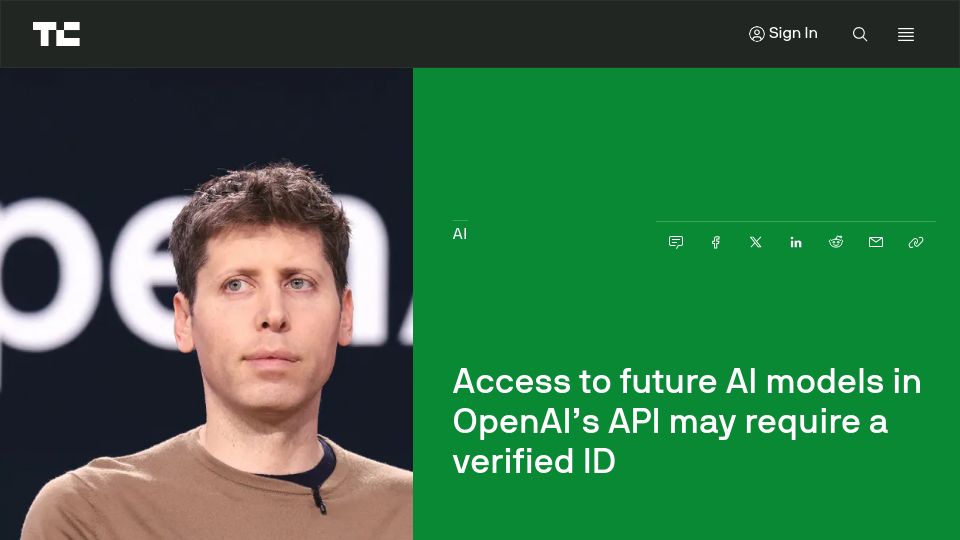 Screenshot of techcrunch.com: Access to future AI models in OpenAI's API may require a verified ID