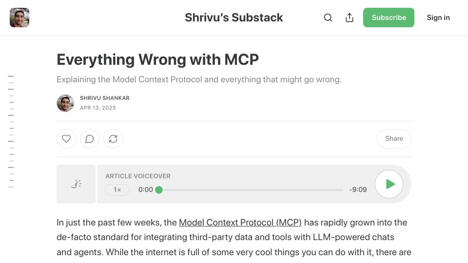 Screenshot of blog.sshh.io: Everything wrong with MCP