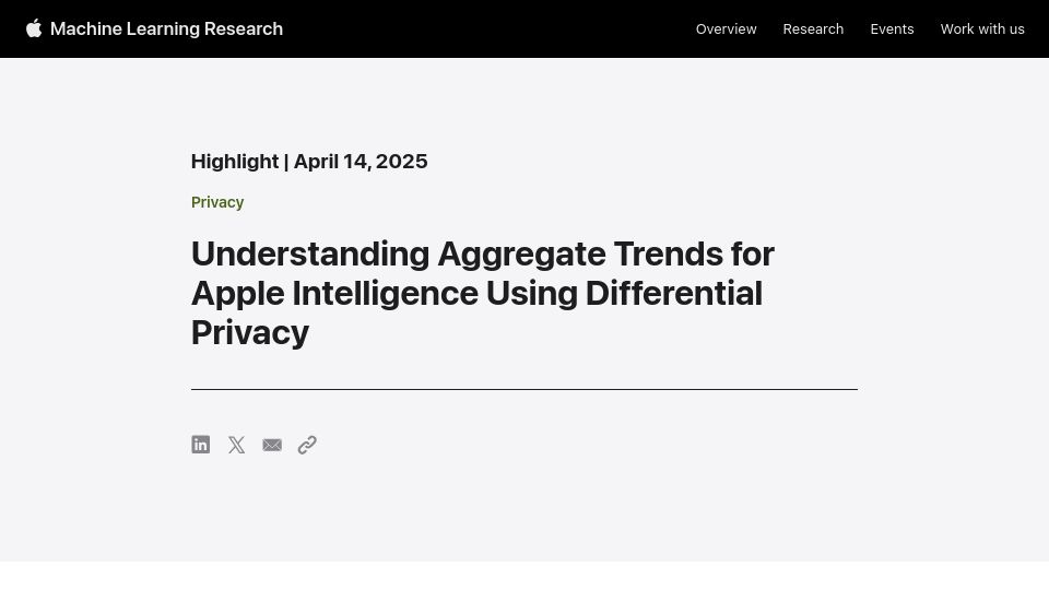 Screenshot of machinelearning.apple.com: Understanding Aggregate Trends for Apple Intelligence Using Differential Privacy