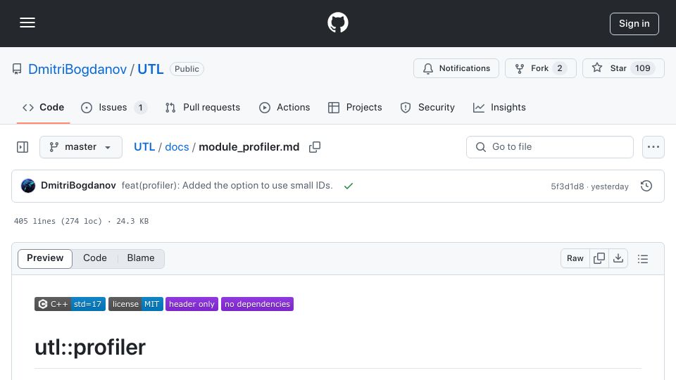 Screenshot of github.com: Show HN: Single-Header Profiler for C++17