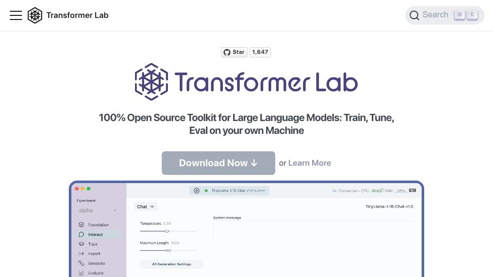 Screenshot of transformerlab.ai: Transformer Lab
