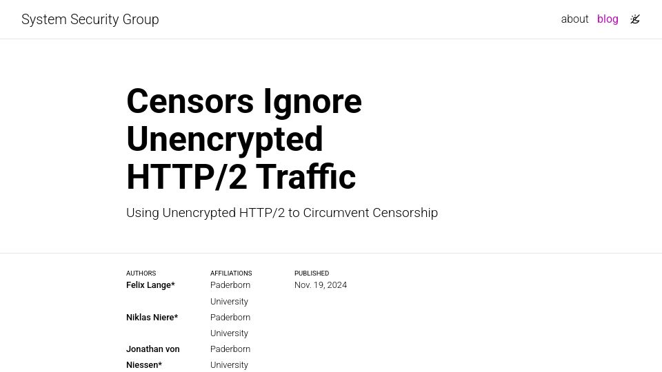 Screenshot of upb-syssec.github.io: Censors Ignore Unencrypted HTTP/2 Traffic (2024)