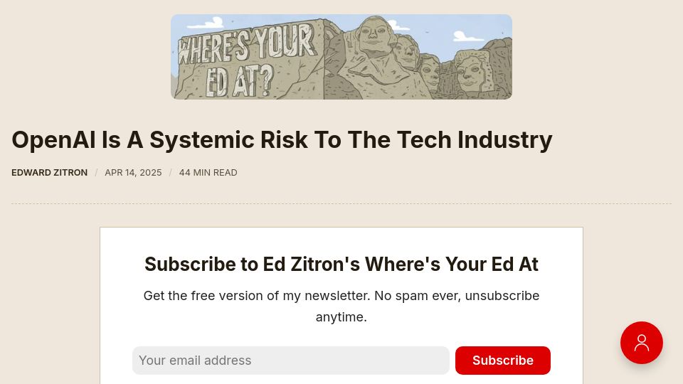 Screenshot of wheresyoured.at: OpenAI Is a Systemic Risk to the Tech Industry