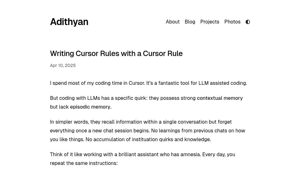 Screenshot of adithyan.io: Writing Cursor rules with a Cursor rule