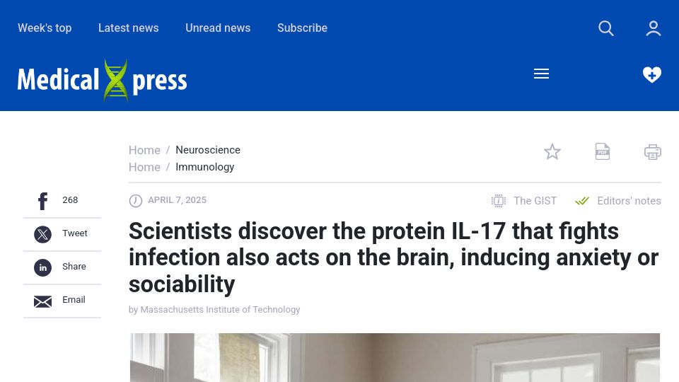 Screenshot of medicalxpress.com: Scientists: Protein IL-17 fights infection, acts on the brain, inducing anxiety