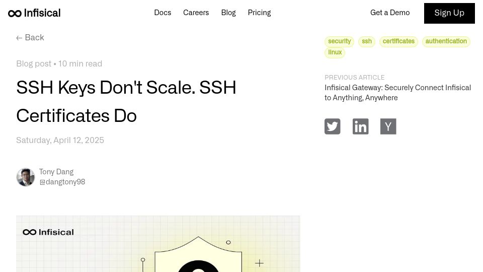 Screenshot of infisical.com: SSH Keys Don't Scale. SSH Certificates Do