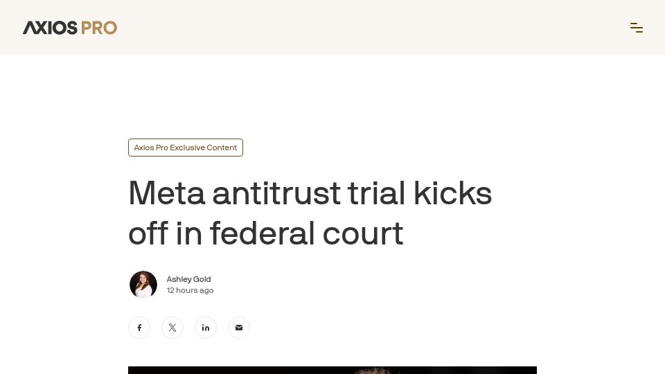 Screenshot of axios.com: Meta antitrust trial kicks off in federal court