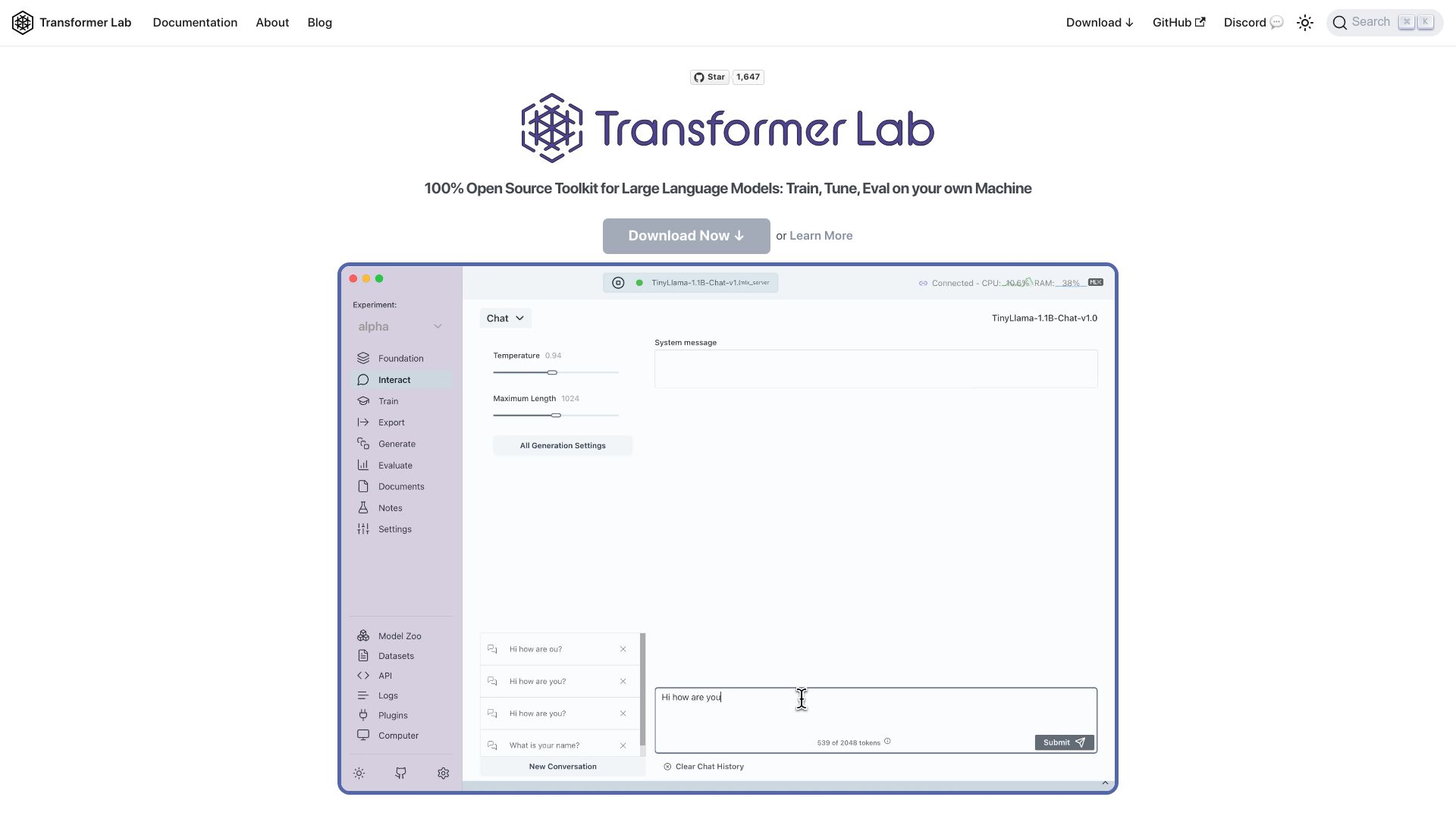 Screenshot of transformerlab.ai: Transformer Lab
