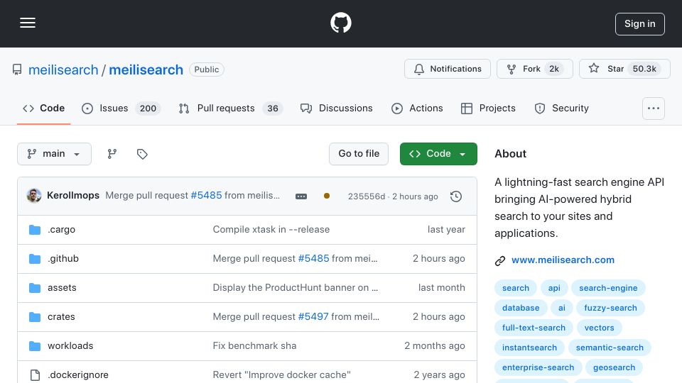 Screenshot of github.com: Meilisearch – search engine API bringing AI-powered hybrid search