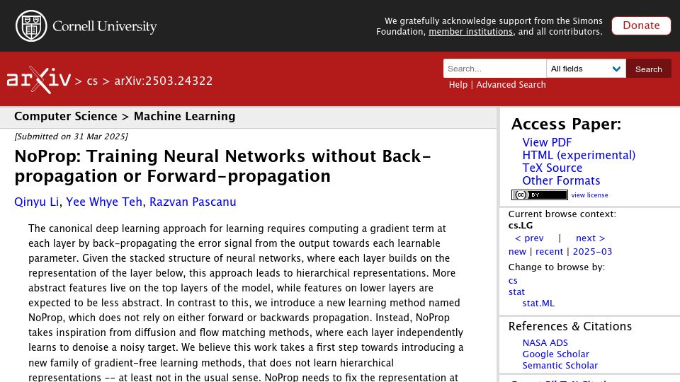 Screenshot of arxiv.org: NoProp: Training neural networks without back-propagation or forward-propagation