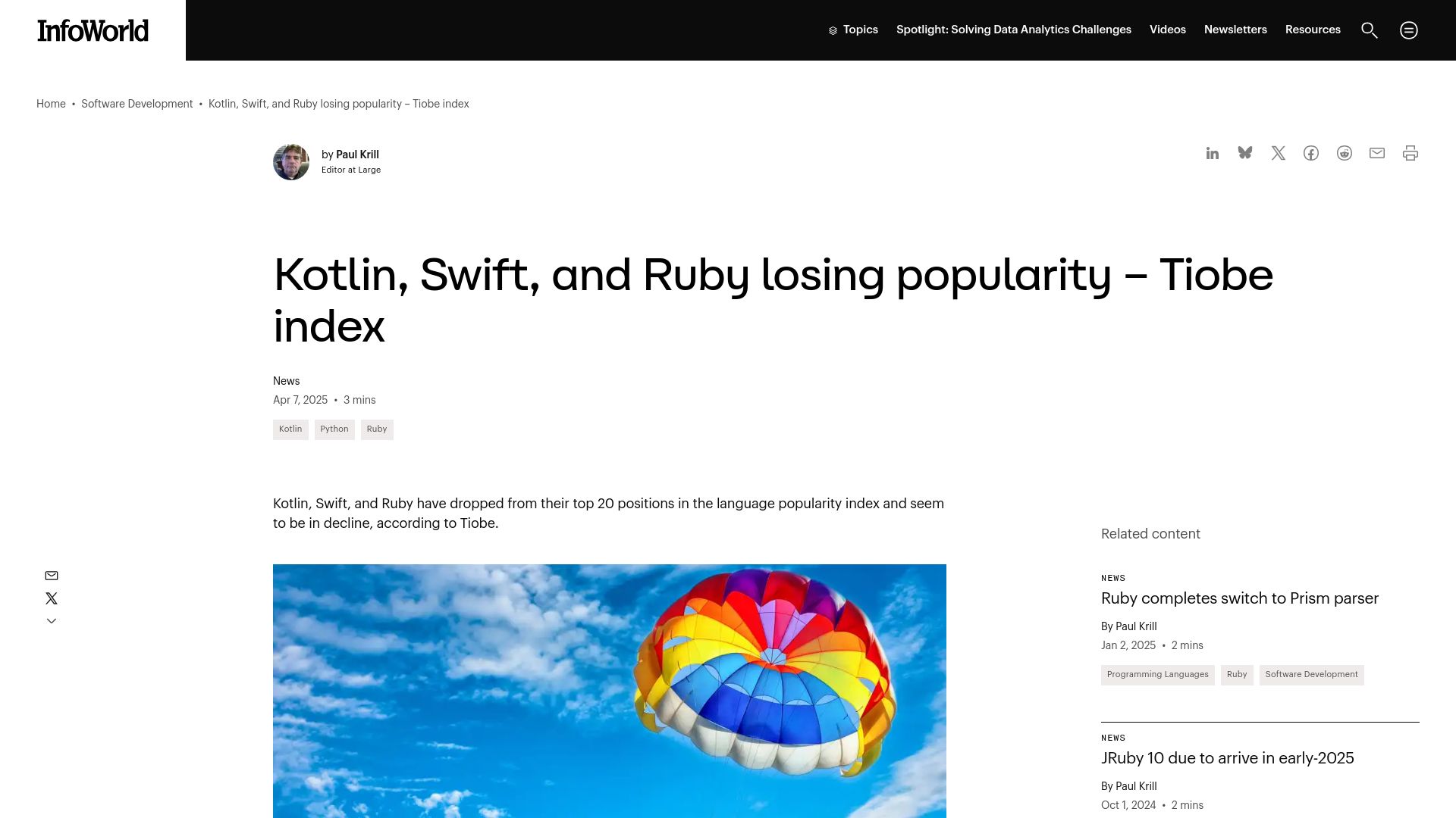 Screenshot of infoworld.com: Kotlin, Swift, and Ruby losing popularity