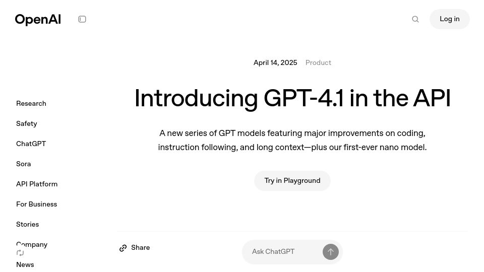 Screenshot of openai.com: GPT-4.1 in the API