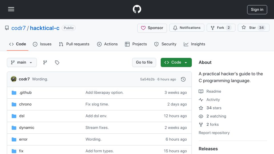 Screenshot of github.com: Hacktical C: practical hacker's guide to the C programming language