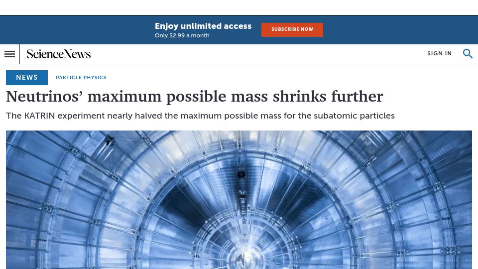 Screenshot of sciencenews.org: Neutrinos' maximum possible mass shrinks further