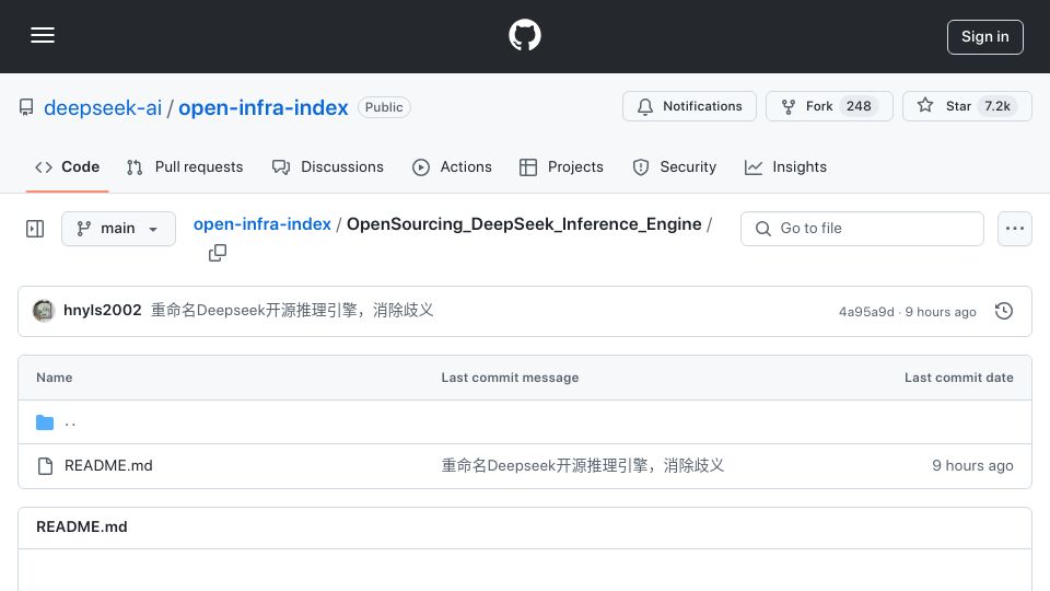 Screenshot of github.com: The path to open-sourcing the DeepSeek inference engine