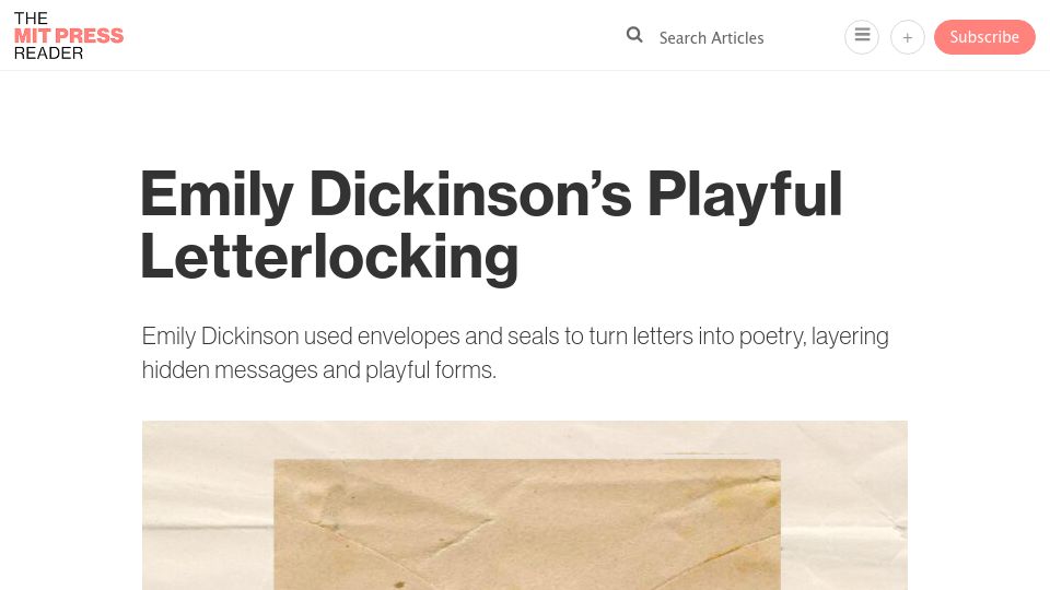 Screenshot of thereader.mitpress.mit.edu: Emily Dickinson's Playful Letterlocking