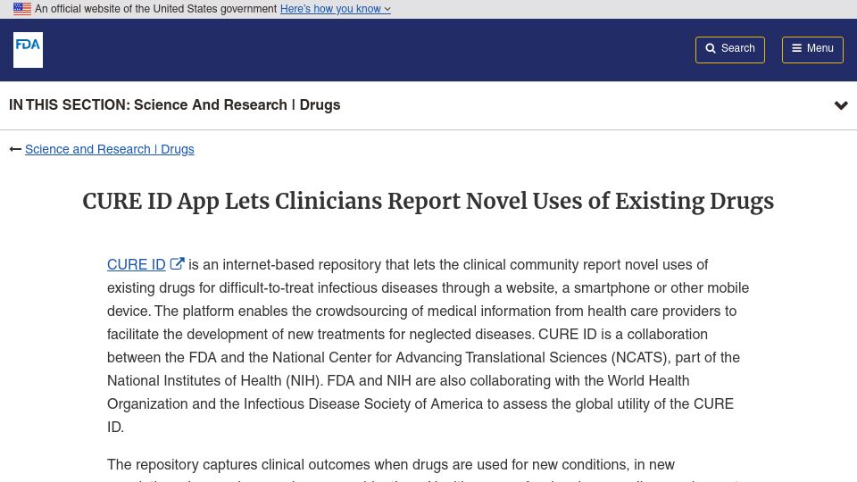 Screenshot of fda.gov: Cure ID App Lets Clinicians Report Novel Uses of Existing Drugs