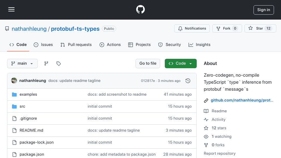Screenshot of github.com: Show HN: Zero-codegen, no-compile TypeScript type inference from Protobufs