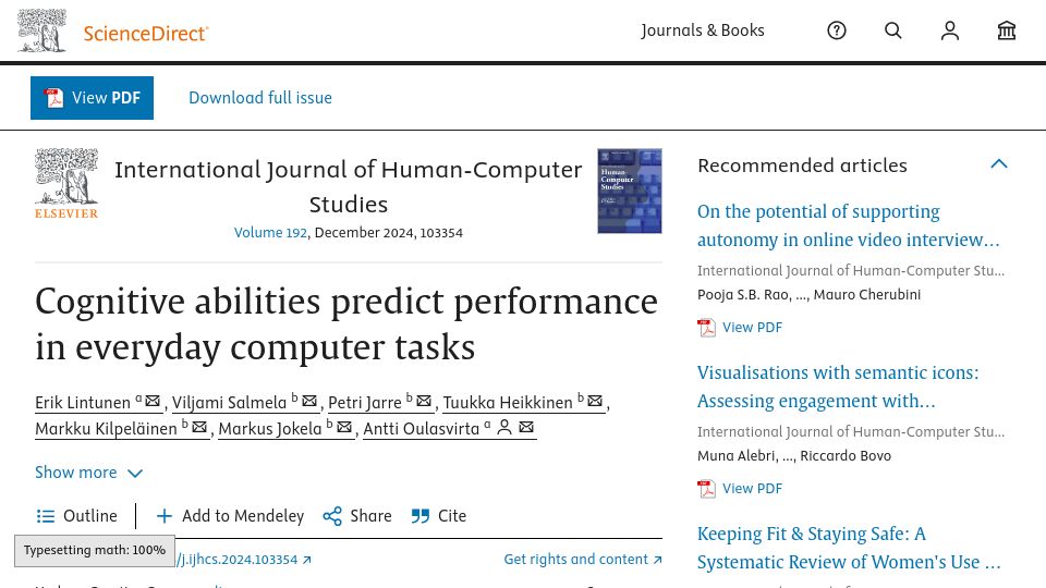 Screenshot of sciencedirect.com: Cognitive abilities predict performance in everyday computer tasks