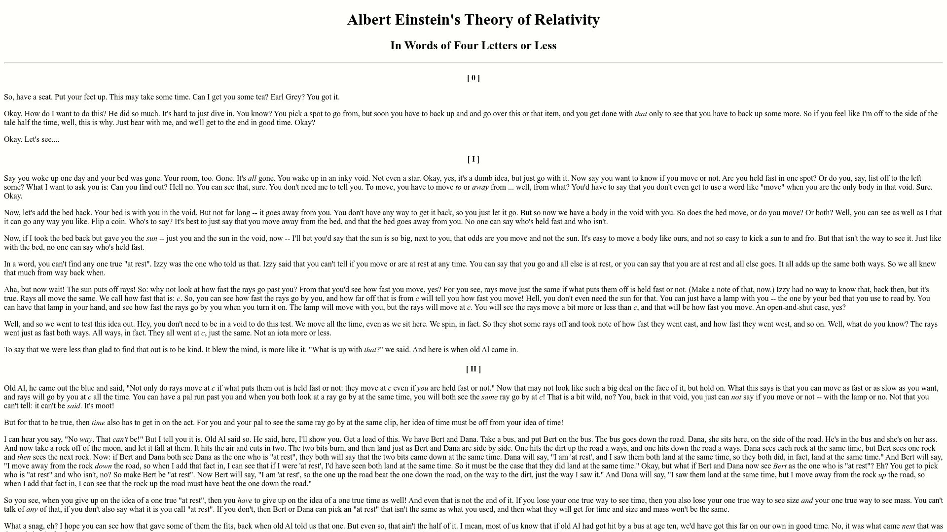 Screenshot of muppetlabs.com: Albert Einstein's theory of relativity in words of four letters or less (1999)