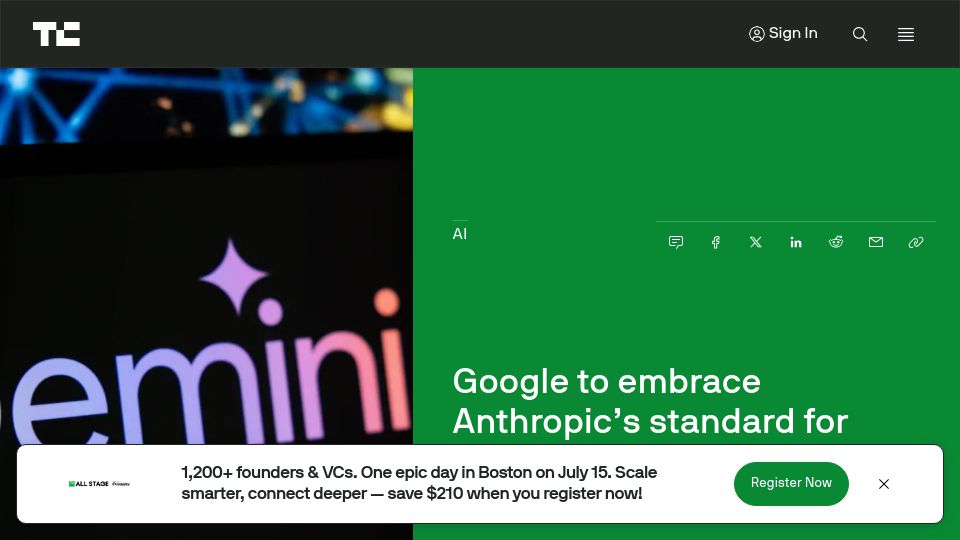 Screenshot of techcrunch.com: Google to embrace MCP