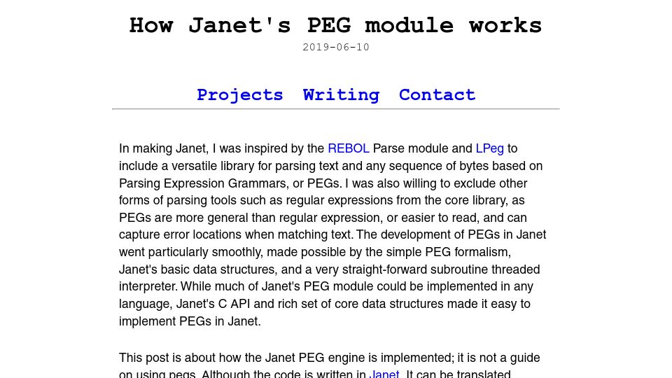 Screenshot of bakpakin.com: How Janet's PEG module works