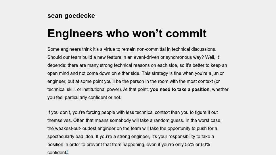 Screenshot of seangoedecke.com: Engineers Who Won't Commit