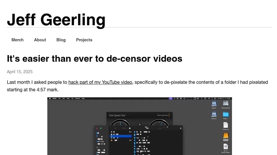 Screenshot of jeffgeerling.com: It's easier than ever to de-censor videos