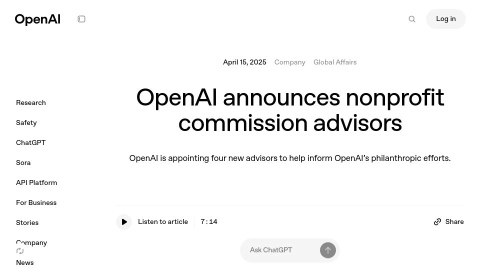 Screenshot of openai.com: OpenAI announces nonprofit commission advisors