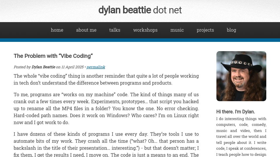Screenshot of dylanbeattie.net: The problem with "vibe coding"