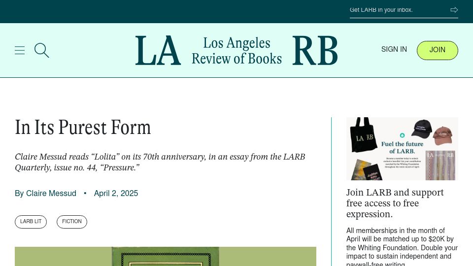 Screenshot of lareviewofbooks.org: In Its Purest Form