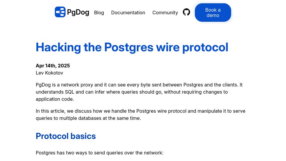 Screenshot of pgdog.dev: Hacking the Postgres wire protocol